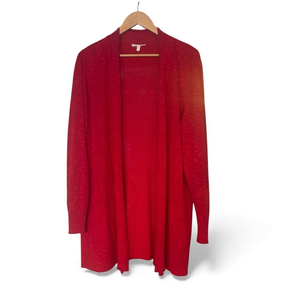 Eileen Fisher Red Linen Cotton Open Front Longline Cardigan – Pockets – Size XL
